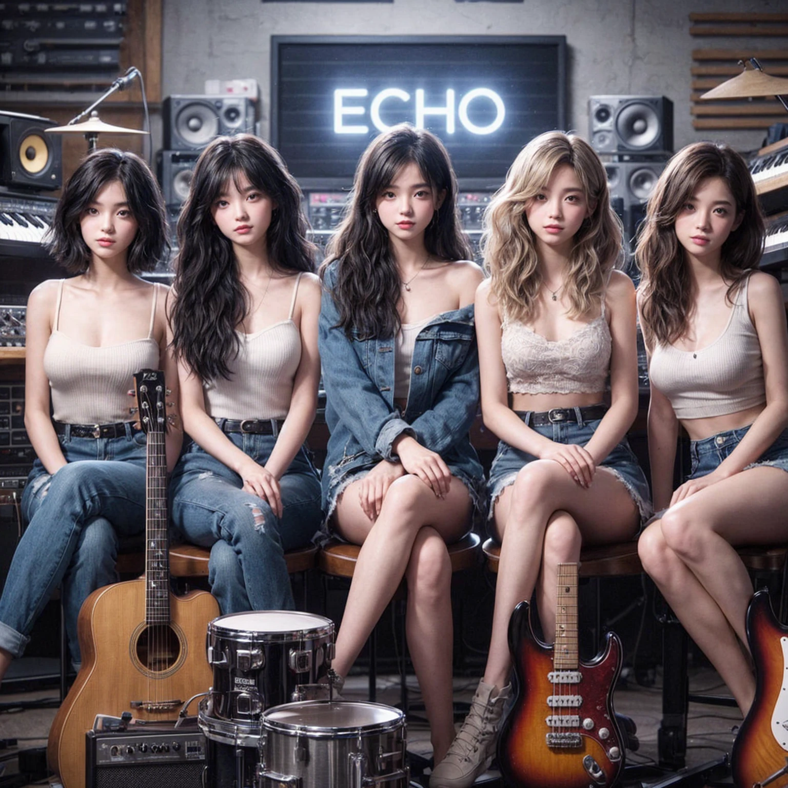 **Photo of 5 beautiful girls, aged 18 to 20, sitting:**
- **3 girls with messy black hair**
- **1 girl with wavy bob black hair**
- **1 girl with a black ponytail**
One girl is playing the drums, one girl is playing the piano, one girl is playing the bass guitar, one girl is playing the guitar, and one girl is singing. They are sitting behind a board with the word "ECHO" written on it. The background is a music studio, complete with drums, guitars, bass guitar, and piano. The image is ultra HD, 4k, photorealistic, raw, and a masterpiece.