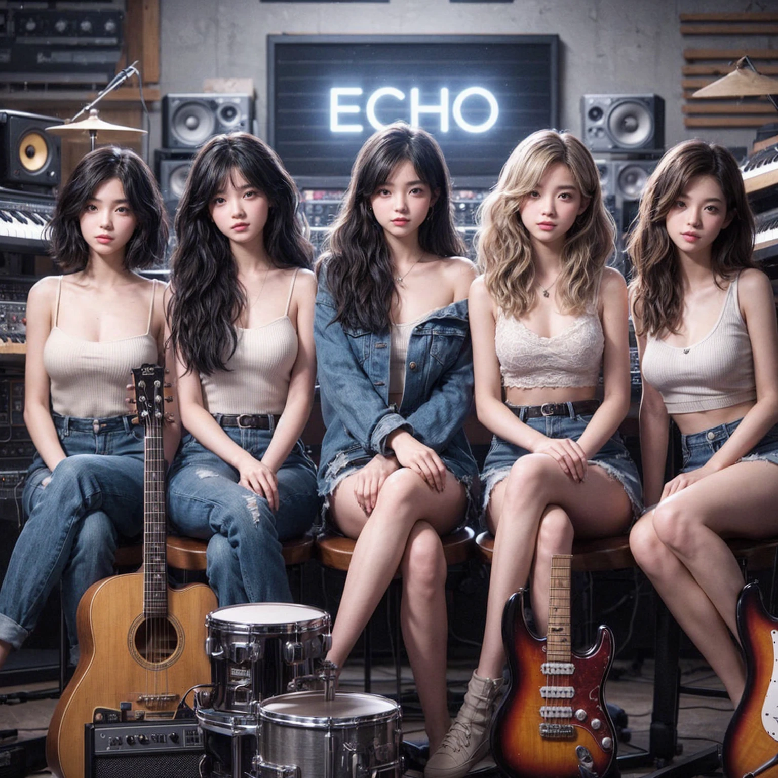 Photo of 5 beautiful girls, 8 to 20, sitting:

- 3 girls with messy black hair
- 1 girl with wavy bob black hair
- 1 girl with a black ponytail

One girl is playing the drums, one girl is playing the piano, one girl is playing the bass guitar, one girl is playing the guitar, and one girl is singing. They are sitting behind a board with the word "ECHO" written on it. The background is a music studio, complete with drums, guitars, bass guitar, and piano. The image is ultra HD, 4k, photorealistic, raw, and a masterpiece.