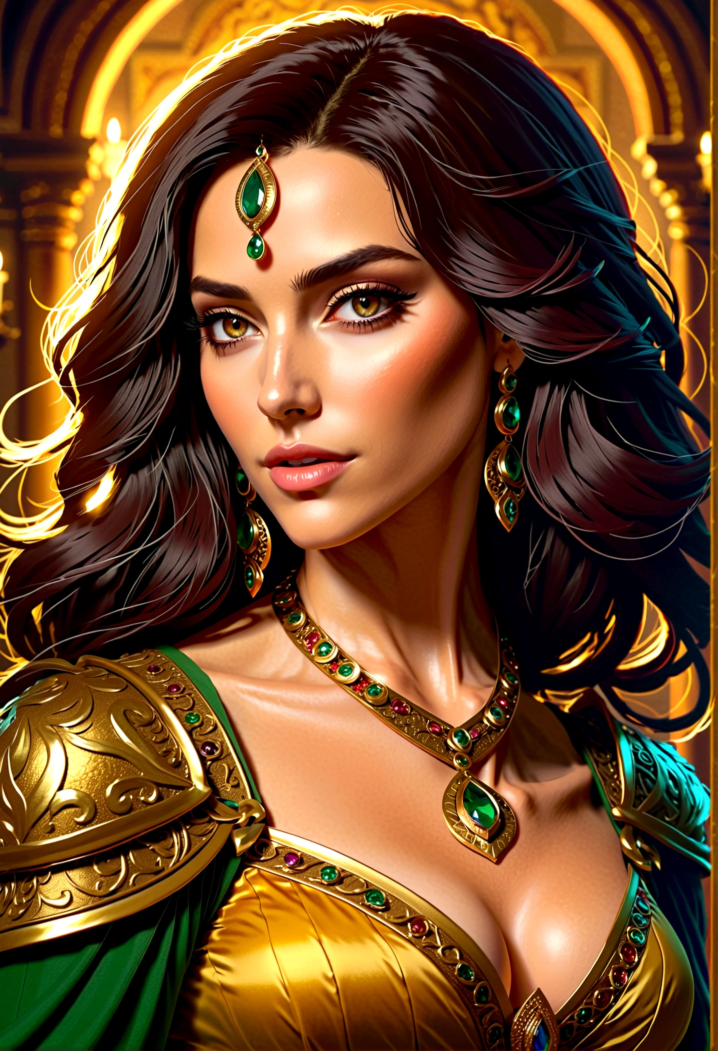 dnd character, dnd npc, (Illustrate a 50-year-old woman who is stunning, and elegant). She has long, wavy, dark hair and captivating, almond-shaped hazel eyes. She wears vibrant, bold, and flamboyant attire, adorned with extravagant, gold, and precious stone jewelry. Her demeanor is lively, cheerful, and witty, yet beneath the surface, she is ambitious and subtly jealous, (wife of rogue boss), ( wife of rogue dnd), dnd character, dungeons and dragons
