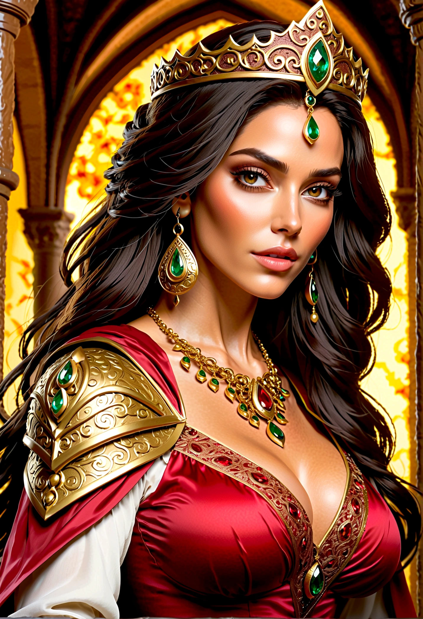 dnd character, dnd npc, (Illustrate a 50-year-old woman who is stunning, and elegant). She has long, wavy, dark hair and captivating, almond-shaped hazel eyes. She wears vibrant, bold, and flamboyant attire, adorned with extravagant, gold, and precious stone jewelry. Her demeanor is lively, cheerful, and witty, yet beneath the surface, she is ambitious and subtly jealous, (wife of rogue boss), ( wife of rogue dnd), dnd character, dungeons and dragons
