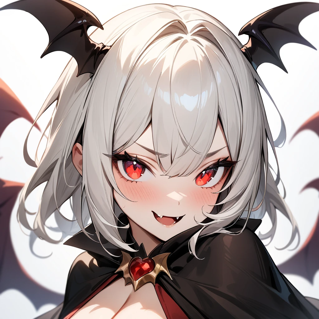 Bat girl,White hair,red eyes,Solo,portrait,Cleavage, fang vampire,Black Cape,masterpiece, best quality, very aesthetic, absurdres masterpiece, best quality, very aesthetic, absurdres masterpiece, best quality, very aesthetic, absurdres,looking at viewer,