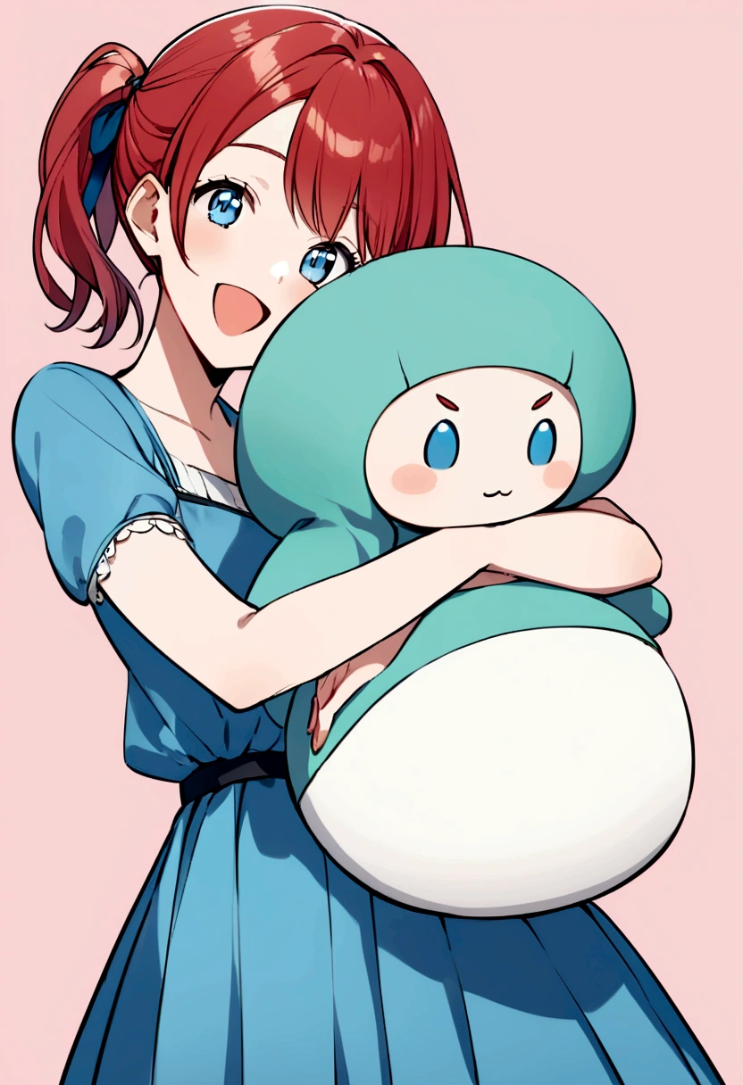 cute cool young girl with red ponytail hair, blue eyes, blue top shirt, blue skirt and blue boots, happy, with a big stuffed tummy
