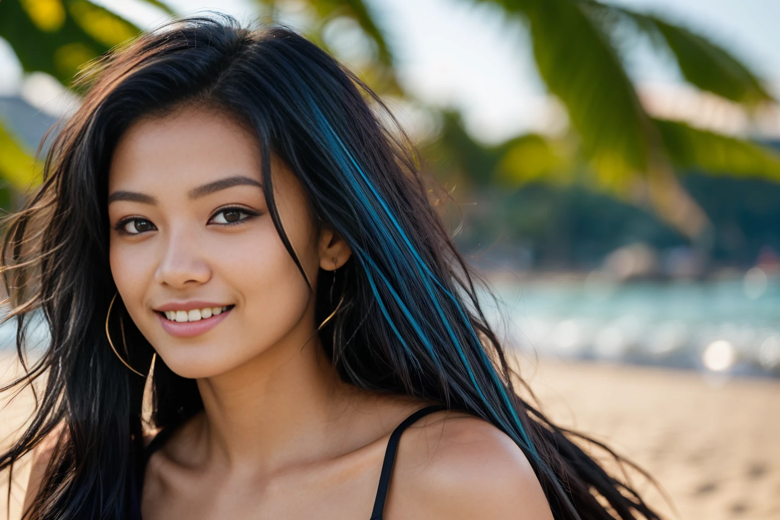 arafed woman with long black hair with deep blue highlights on the beach, flowing black hair, with black hair, photo of a beautiful woman, long flowing black hair, black golden hair, curly black hair, beautiful young asian woman, beautiful asian woman, wild ginger hair, black wispy hair, light black hair, a young asian woman, an asian woman, infp young woman, Portrait photo of a 24-year-old french girl in RAW UHD format (Brown-eyed woman), Details (textures! , Hair! , glistering, Color!! , imperfections: 1.1), DSLR Lighting, SLR camera, Ultra-Quality, sharpness, Film grain (Downtown), Fujifilm XT3, Crystal clear, Frame Center, beatiful face, sharp-focus, bokeh (lit), day time, (open sky), detailed skin pores, oilly skin, suntan, Complex eye details, beautiful face, smiling, (((straddle split))) 