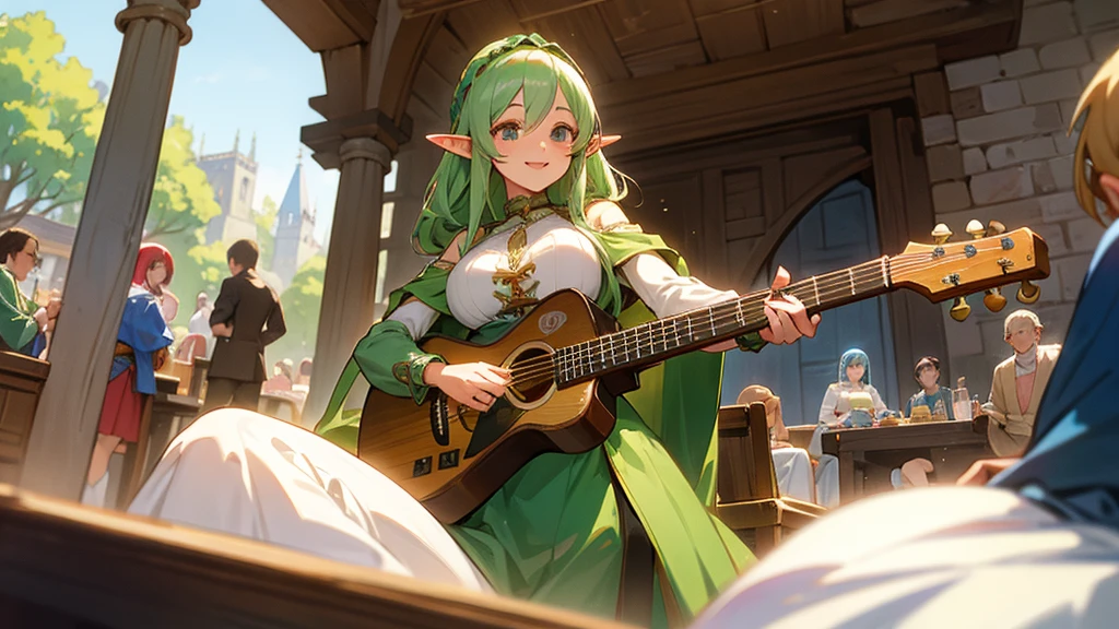 Anime Style,Nostalgic,Detailed background,The medieval world,A lively cafe with lots of people,Smiling bard beautiful elf girl,guitar,Large Breasts,Underarm