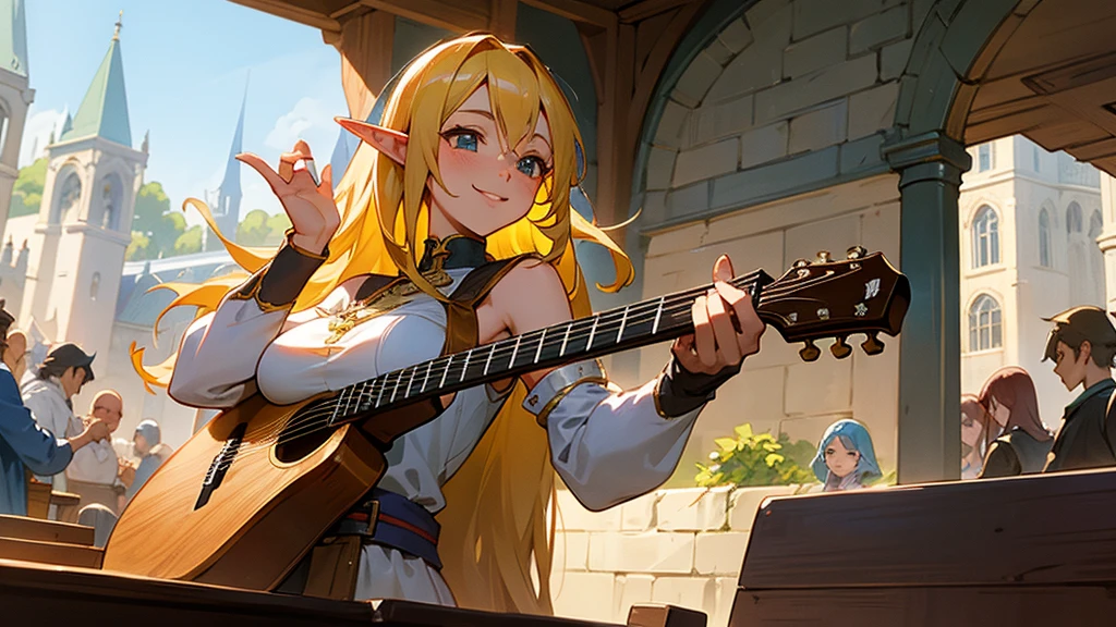 Anime Style,Nostalgic,Detailed background,The medieval world,A lively cafe with lots of people,Smiling bard beautiful elf girl,guitar,Large Breasts,Underarm