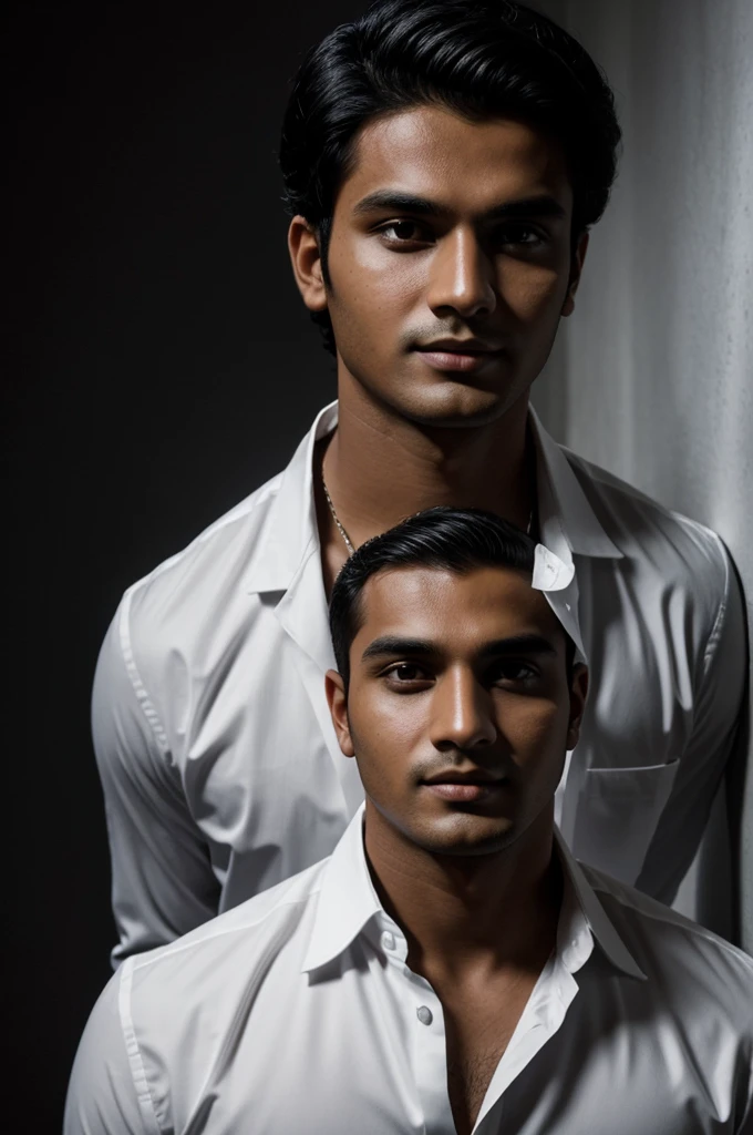 in a dark studio, young man site heroically, dressed in a black blazer and white shirt. cinematic lighting cats a light shadow on his face, giving a professional corporate look. similar to a LinkedIn in business profile photo. formal corporate profile picture, solid great dark background, Bangladeshi, age: 26. cute hairstyle, black hair, urban look