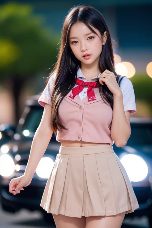 ((Two Girls)), ((Highest quality)), (Super detailed), (Very detailed CG 統合 8k 壁紙), Very detailed, High-resolution RAW color photos, Professional photography, Brown Hair, Great face and eyes, Pink Eyes, (High School Uniform, Pleated mini skirt:1.3), (High  with wide open breasts:1.35), Beautiful big , Bare Chest, (Amazingly beautiful girl), (((Bokeh))), Depth of written boundary,