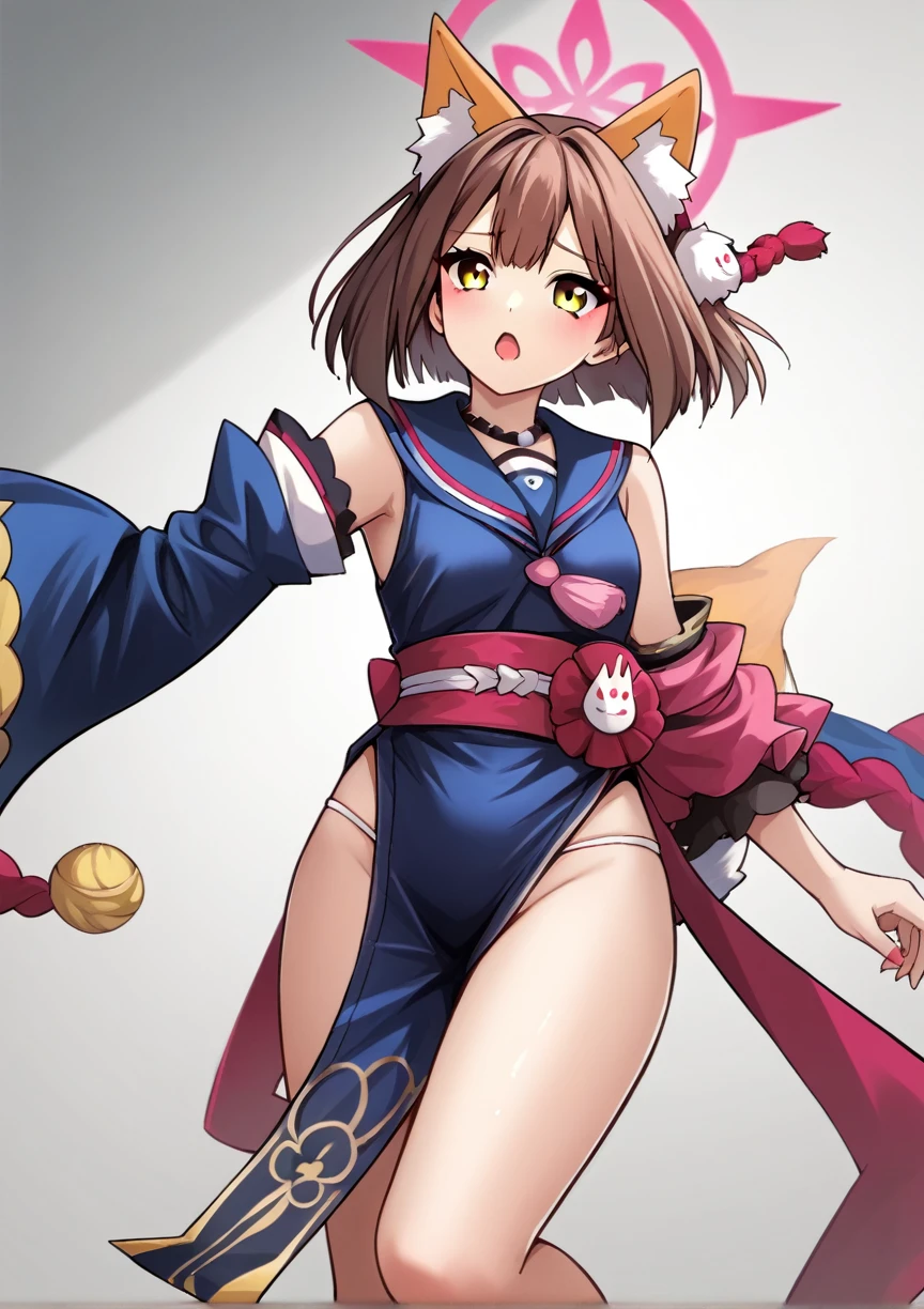 One girl, Izuna \(Blue Archive\), short hair, Brown Hair, Yellow Eyes, Blue kimono, Removable sleeves, Pelvic Curtain,  fox shadow psuperiorpet,   Tamamo \(destiny\) (Cosplay),  score_9, score_8_superior, score_7_superior, score_6_superior, score_5_superior, score_4_superior, Break Source_anime, masterpiece