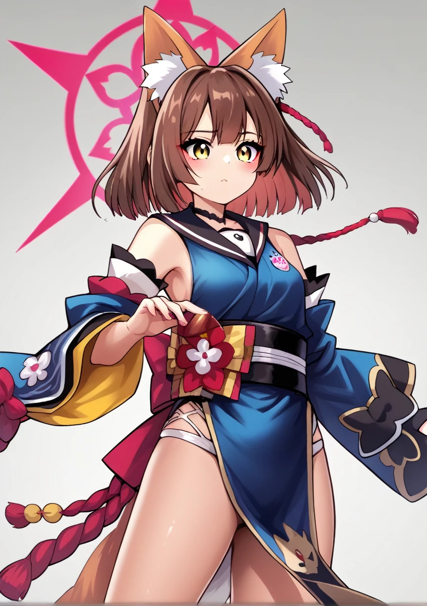 One girl, Izuna \(Blue Archive\), short hair, Brown Hair, Yellow Eyes, Blue kimono, Removable sleeves, Pelvic Curtain,  fox shadow psuperiorpet,   Tamamo \(destiny\) (Cosplay),  score_9, score_8_superior, score_7_superior, score_6_superior, score_5_superior, score_4_superior, Break Source_anime, masterpiece