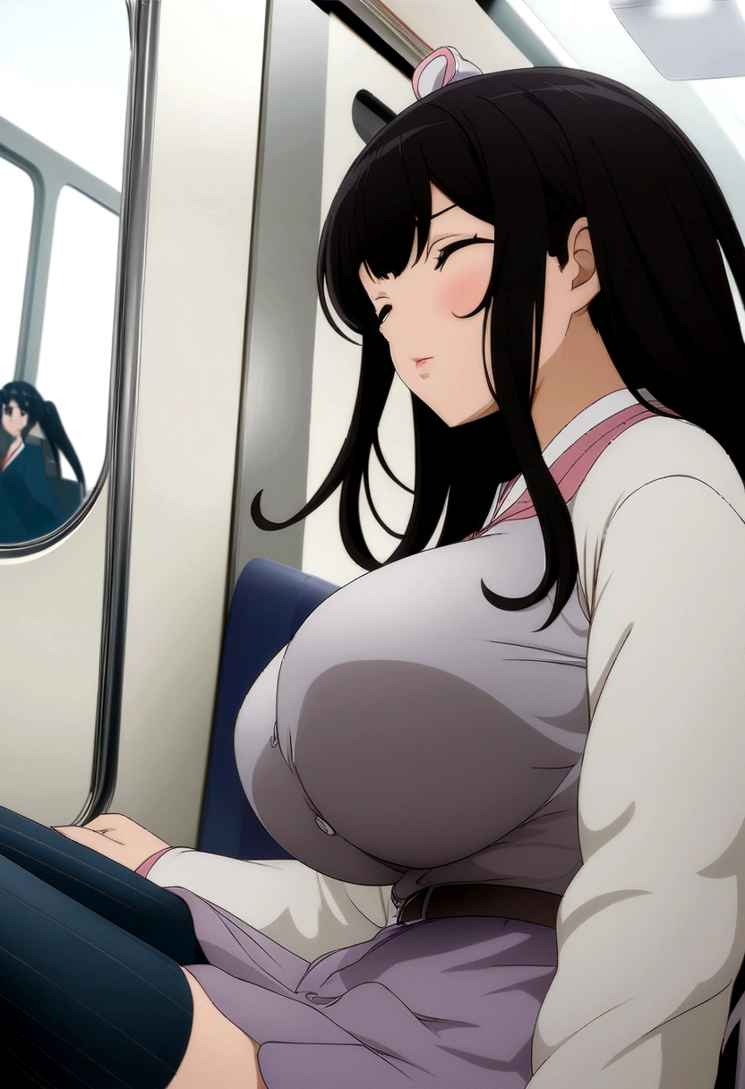 Long black hair anime girl sitting on a train with her eyes closed, (SFW) Safe at Work, [ 4k digital art ]!!, Digital anime illustration, Half Yamada, Smooth anime CG art, I sat on the train, Enchanting anime girl, Tokyo Anime Scene, have large breasts, Digital anime art, Big Breasts!!, Soft anime illustration