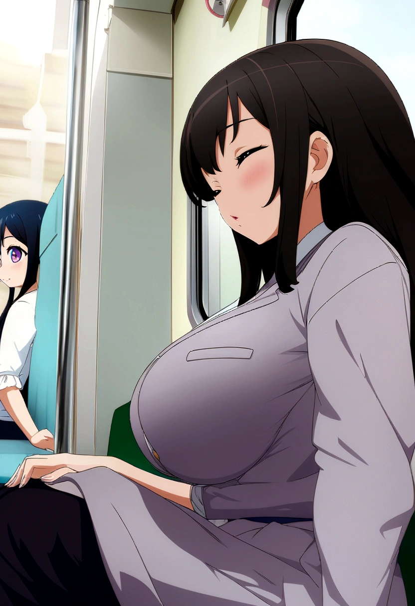 Long black hair anime girl sitting on a train with her eyes closed, (SFW) Safe at Work, [ 4k digital art ]!!, Digital anime illustration, Half Yamada, Smooth anime CG art, I sat on the train, Enchanting anime girl, Tokyo Anime Scene, have large breasts, Digital anime art, Big Breasts!!, Soft anime illustration
