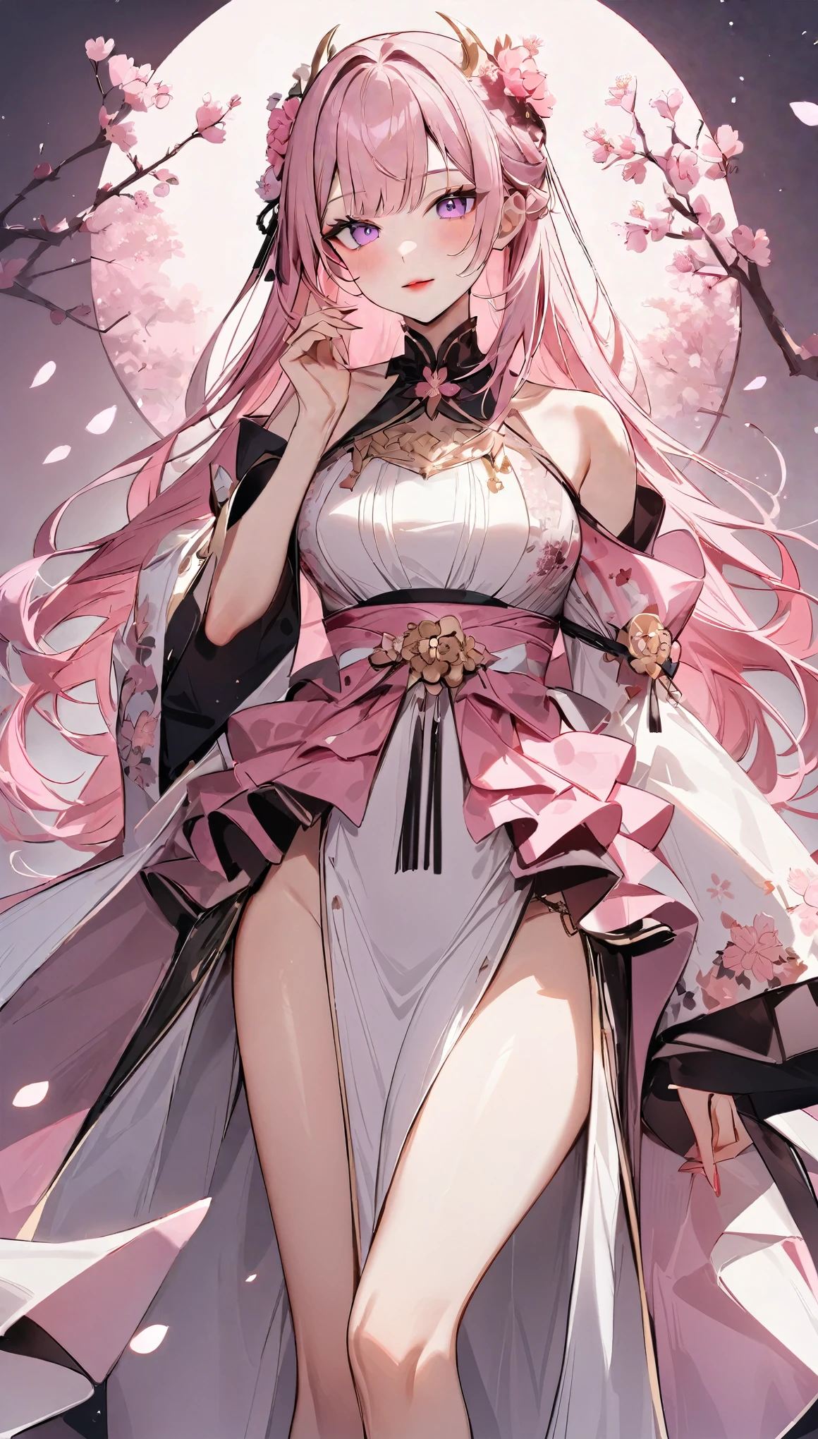 highest quality、masterpiece、1 woman、slender slim woman, height 1.65 cm, cherry blossom background、pink hair: 1.5、amethyst eyes、red lips、sakura pink floral clothes、world with cherry blossoms and roses、skin natural、side blade, appearance around 25, looking at the viewer