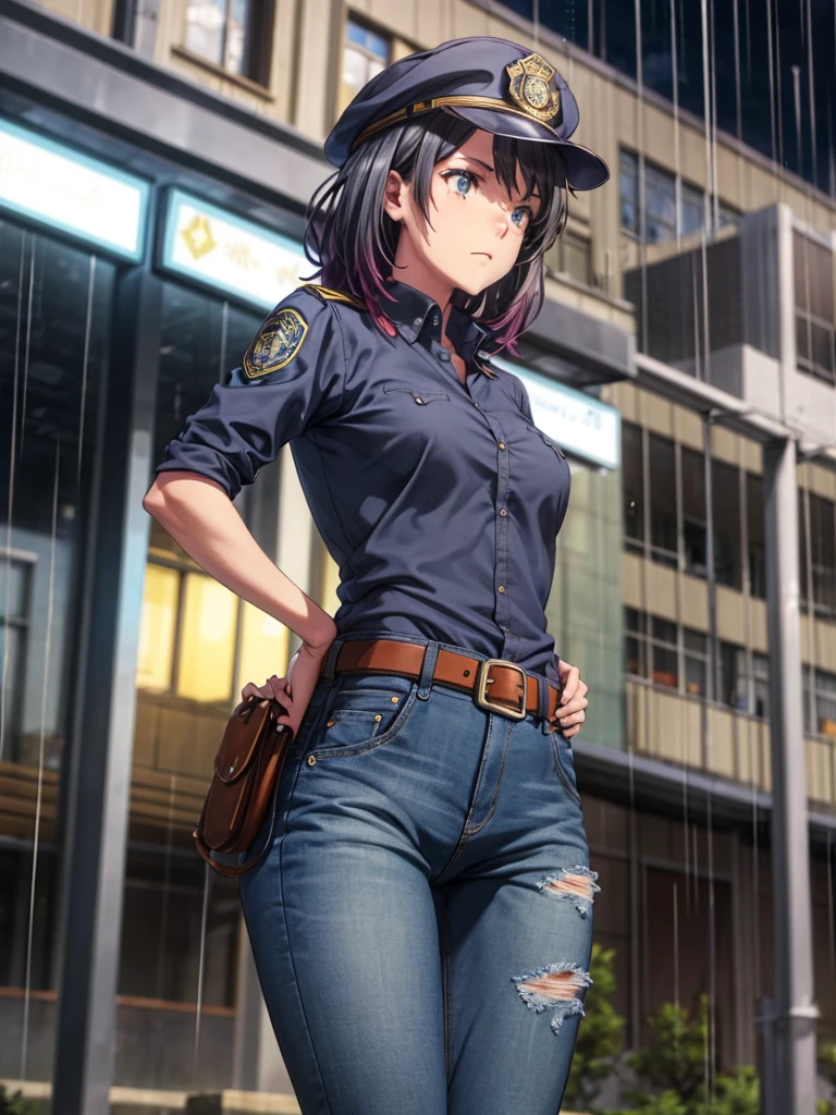 Girl, Jersey, blue jeans pants, police station background, night, rain, slim body, Pistol in a holster on the belt 