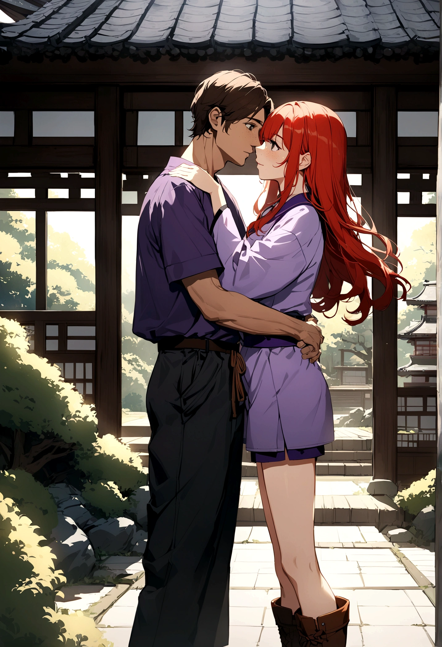 anime, beautiful woman with long bright red hair, black eyes and freckles on her cheeks, wearing purple uniform with shorts and boots, hugging a man with brown hair and gray eyes and facing each other, standing in a Japanese garden