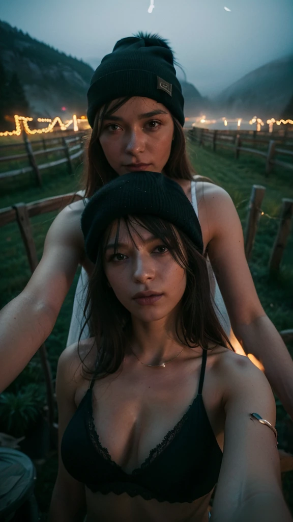 Original photo from a young russian woman with unique face, (floating long hair:1.3), ((upper body selfie)), happy, masterpiece, (night), cheerful, happy, sexy tank top with big breast, beanie hat, (string fairy light:1.3), (dark fores landscape:1.4), (foggy:1.3), dynamic shadows, (look at viewer:1.2) (realistic skin) (film grain:1.3), (dark moody film looks:1.2), cinematic light, sharp focus and highly detailed, shot by sony a9 with wide lens f1.2, midjourney v6 photorealistic