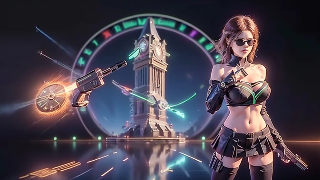 (aerial view). at night, futuristic sci-fi cyberpunk city, broad viaduct, skyscrapers at the end of the viaduct, the movie "13th Floor" style, (((((voltex-spirit-spreading giant clock tower as time machine))))), hq. Matrix style, at night, (1girl, solo), photo realistic, (large-breast:1.2 slim body, cleavage:1.3), (((tube top, extreamly short pleated (((miniskirt)))))), (((((matrix style black sunglasses))))), (((((aiming at camera with a (short:0.8 pistol)))))), (((half-body (thigh level) medium shot))), (cinematic lighting).
