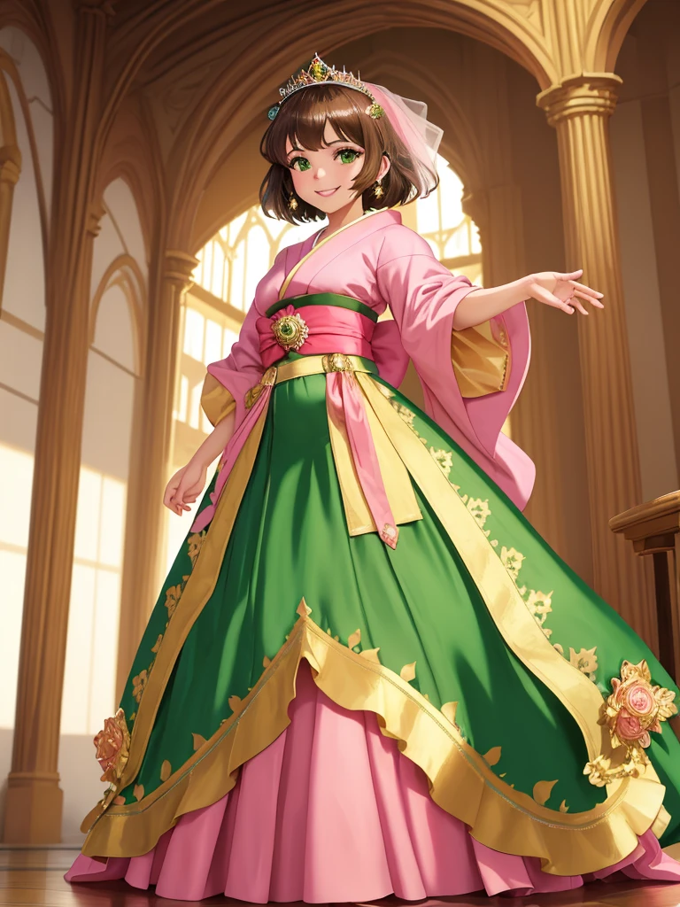 masterpiece, best quality:1.2), 1girl, smile, looking at viewer, green eyes, short brown hair, princess, princess dress, wearing puffy pink ballgown skirt reaching the floor, green kimono, golden tiara with veil, standing in ballroom of medieval castle