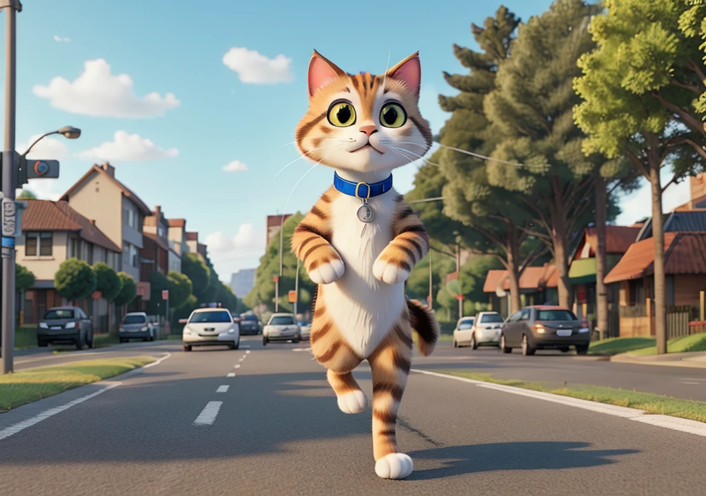 Create a video scene of a cat running on a busy road. The cat is holding a fish in its mouth. Make sure the road is bustling with traffic, and the cat navigates skillfully between the vehicles. The scene should be dynamic and realistic, capturing the urgency and agility of the cat.