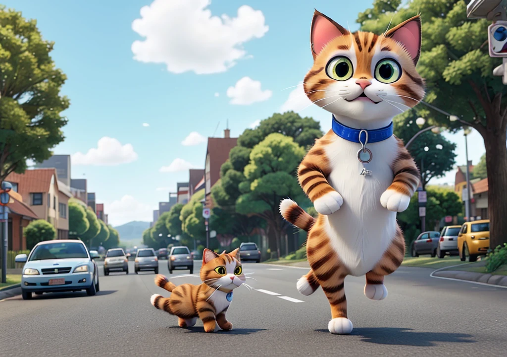 Create a video scene of a cat running on a busy road. The cat is holding a fish in its mouth. Make sure the road is bustling with traffic, and the cat navigates skillfully between the vehicles. The scene should be dynamic and realistic, capturing the urgency and agility of the cat.