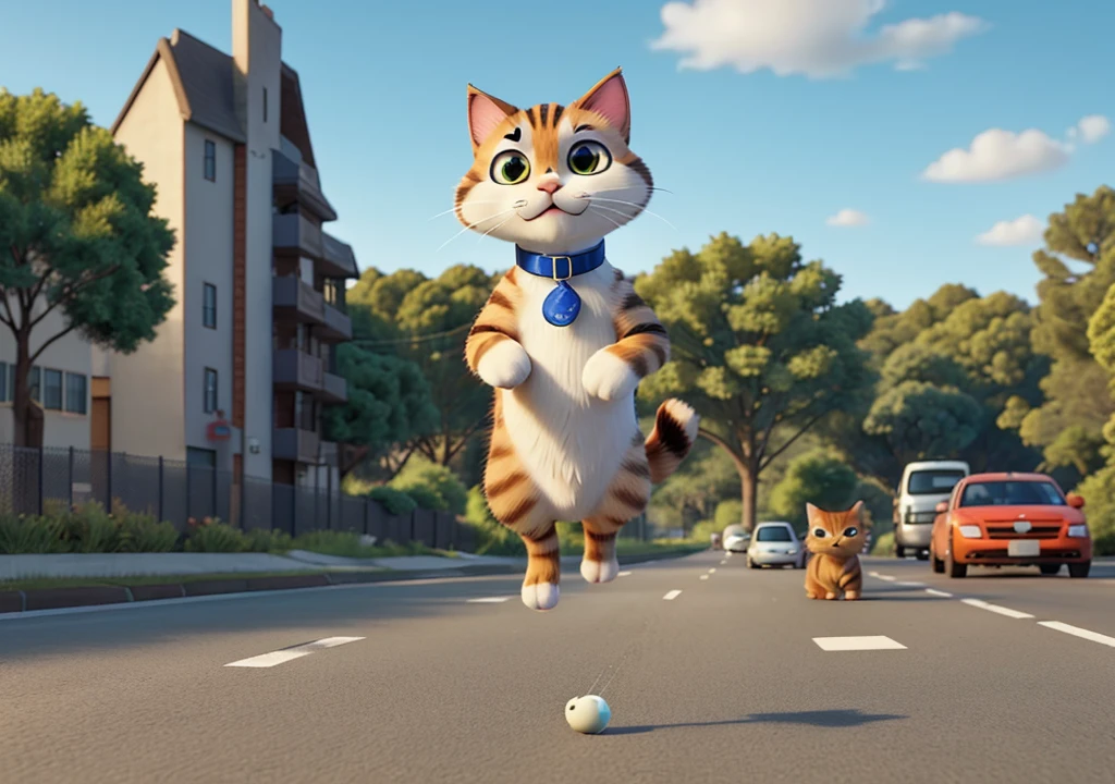 Create a video scene of a cat running on a busy road. The cat is holding a fish in its mouth. Make sure the road is bustling with traffic, and the cat navigates skillfully between the vehicles. The scene should be dynamic and realistic, capturing the urgency and agility of the cat.