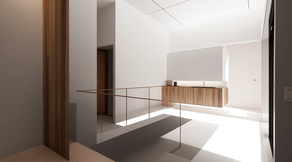 In a digital illustration that draws inspiration from the clean lines of Japanese design, the interior of a contemporary space unfolds. Crafted by renowned architects of Japan, the room showcases a seamless blend of modern aesthetics and the timeless beauty of walnut wood. The influence of Tadao Ando's minimalist architecture is evident in the harmonious balance of form and function. The color palette features neutral tones with subtle pops of natural wood, creating an atmosphere of serene sophistication. The characters in the scene exhibit a sense of appreciation for the balance between nature and modernity. Soft, diffused lighting accentuates the textures, enveloping the room in a calming and inviting glow