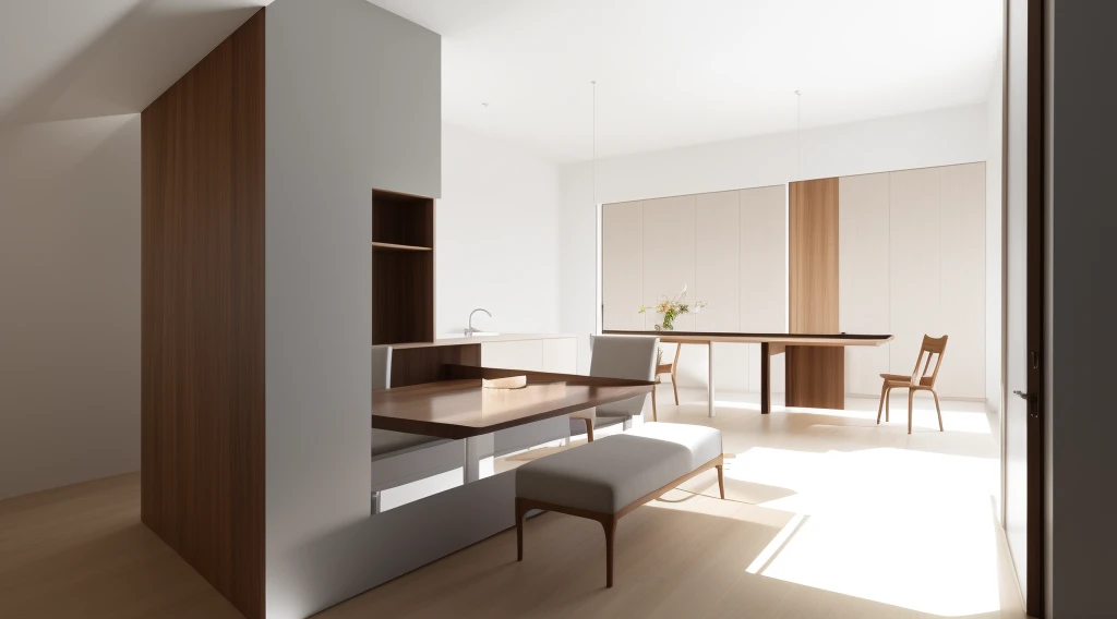 In a digital illustration that draws inspiration from the clean lines of Japanese design, the interior of a contemporary space unfolds. Crafted by renowned architects of Japan, the room showcases a seamless blend of modern aesthetics and the timeless beauty of walnut wood. The influence of Tadao Ando's minimalist architecture is evident in the harmonious balance of form and function. The color palette features neutral tones with subtle pops of natural wood, creating an atmosphere of serene sophistication. The characters in the scene exhibit a sense of appreciation for the balance between nature and modernity. Soft, diffused lighting accentuates the textures, enveloping the room in a calming and inviting glow