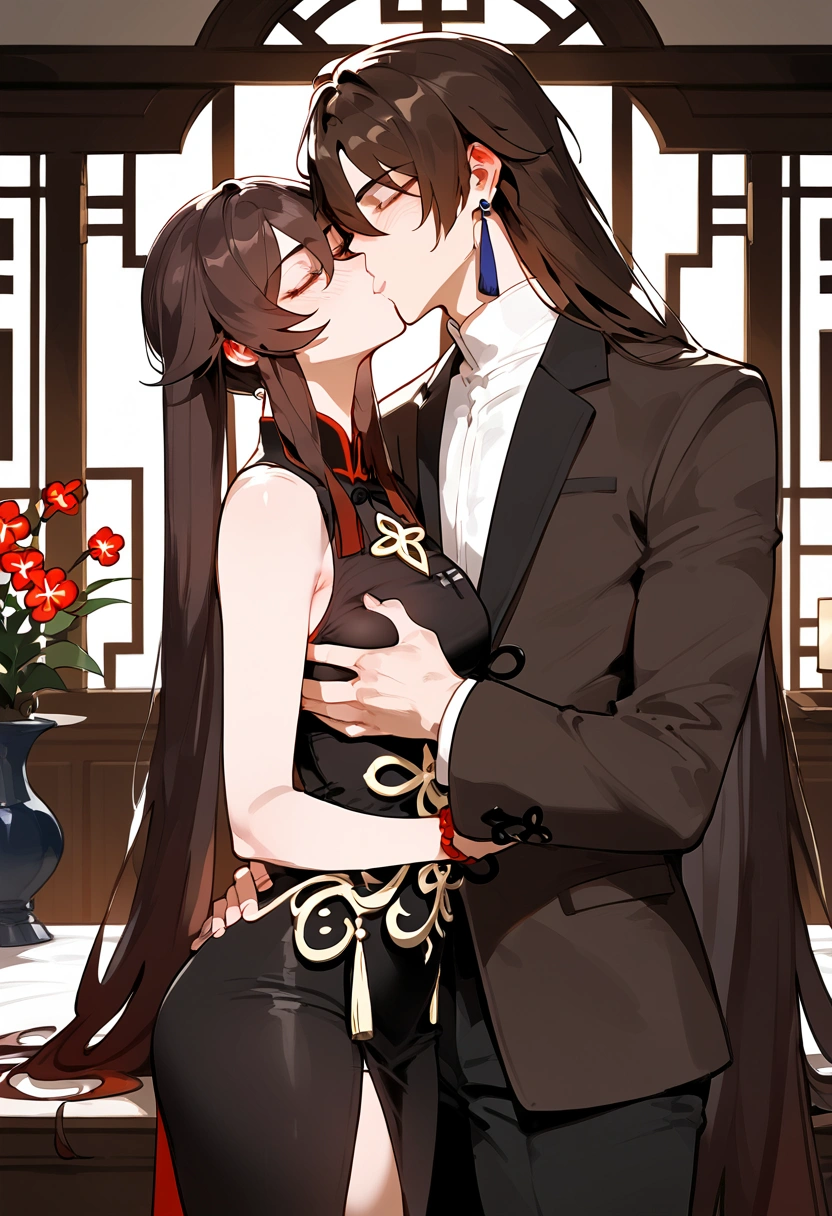 anime artwork, score_9, score_8_up, score_7_up, score_6_up, score_5_up, score_4_up, hu tao, she is 24 years old, style_3, ,,,,,,,He's taller than her,,, , 1boy, zhongli, breast grab, they are kissing, indoors, floox style,