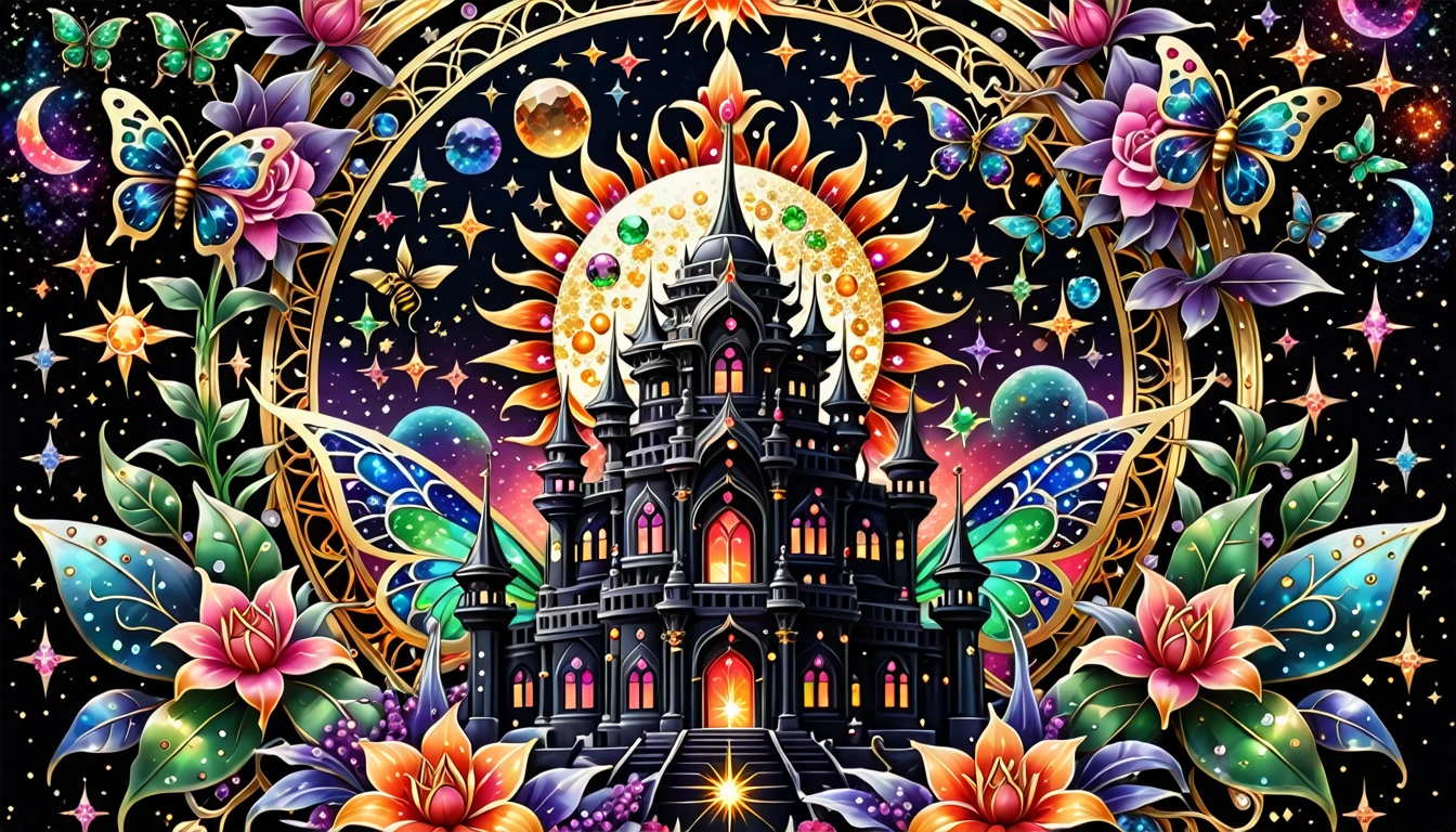 Deep black space background、star、惑star、the sun and the moon、colorful paint splash、Cute glitter vector graphic design featuring intricate and complex symbols with the ethereal beauty of the celestial palace known as the Galactic Citadel, Surrounded by bright light.Cosmic Black with Neon Bioluminescent Color, Icy Red,14kt pure gold color. Creating a fusion of these symbols,Fiery pink rose, Bioluminescent Neon Blue, Orange green lily, Fiery bioluminescent red ruby, Purple and white diamonds、Lots of purple sapphires and emeralds、Butterfly and Bee – ar 16:9 – Style Raw – Stylize 400 *