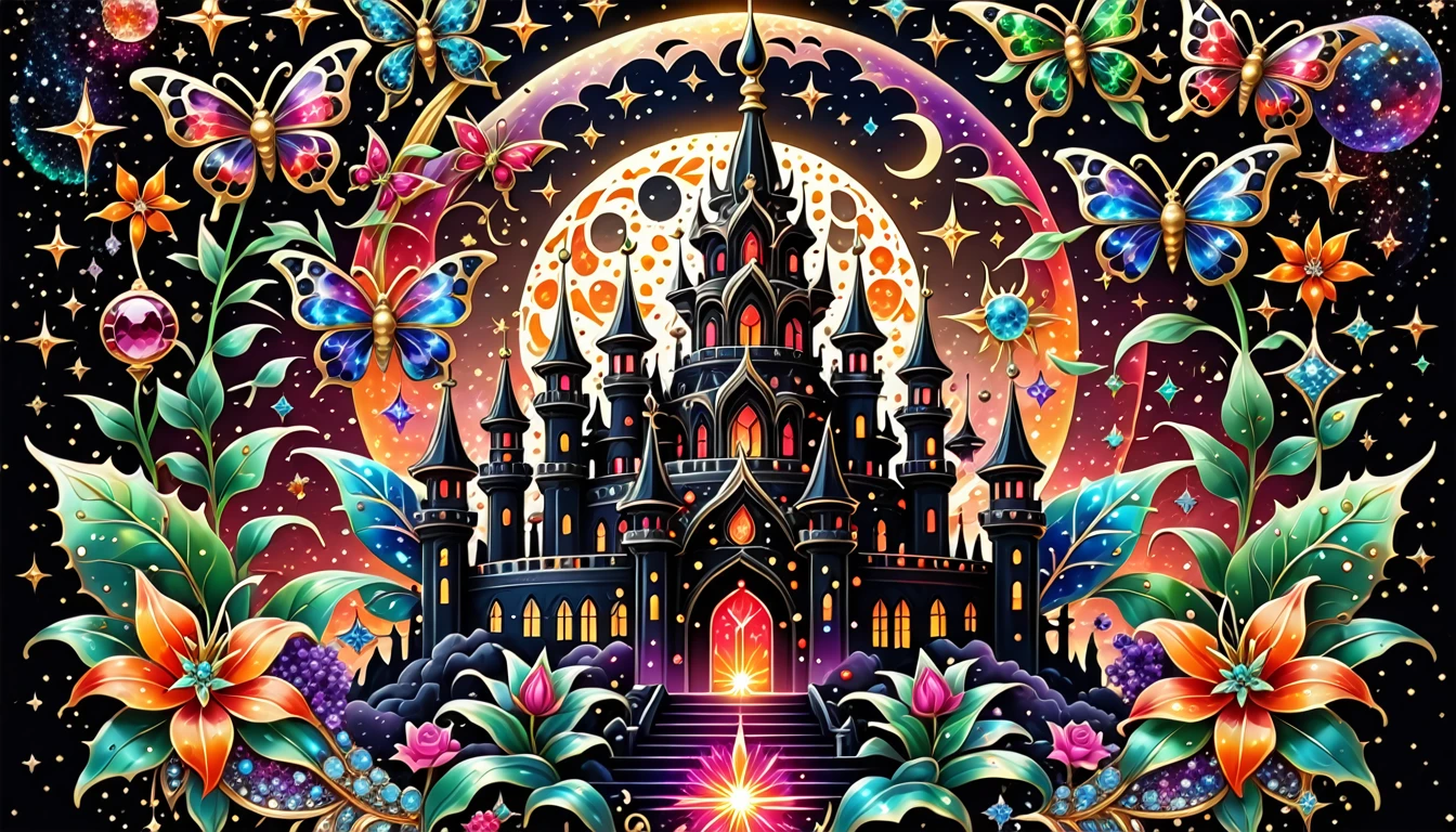 Deep black space background、star、惑star、the sun and the moon、colorful paint splash、Cute glitter vector graphic design featuring intricate and complex symbols with the ethereal beauty of the celestial palace known as the Galactic Citadel, Surrounded by bright light.Cosmic Black with Neon Bioluminescent Color, Icy Red,14kt pure gold color. Creating a fusion of these symbols,Fiery pink rose, Bioluminescent Neon Blue, Orange green lily, Fiery bioluminescent red ruby, Purple and white diamonds、Lots of purple sapphires and emeralds、Butterfly and Bee – ar 16:9 – Style Raw – Stylize 400 *