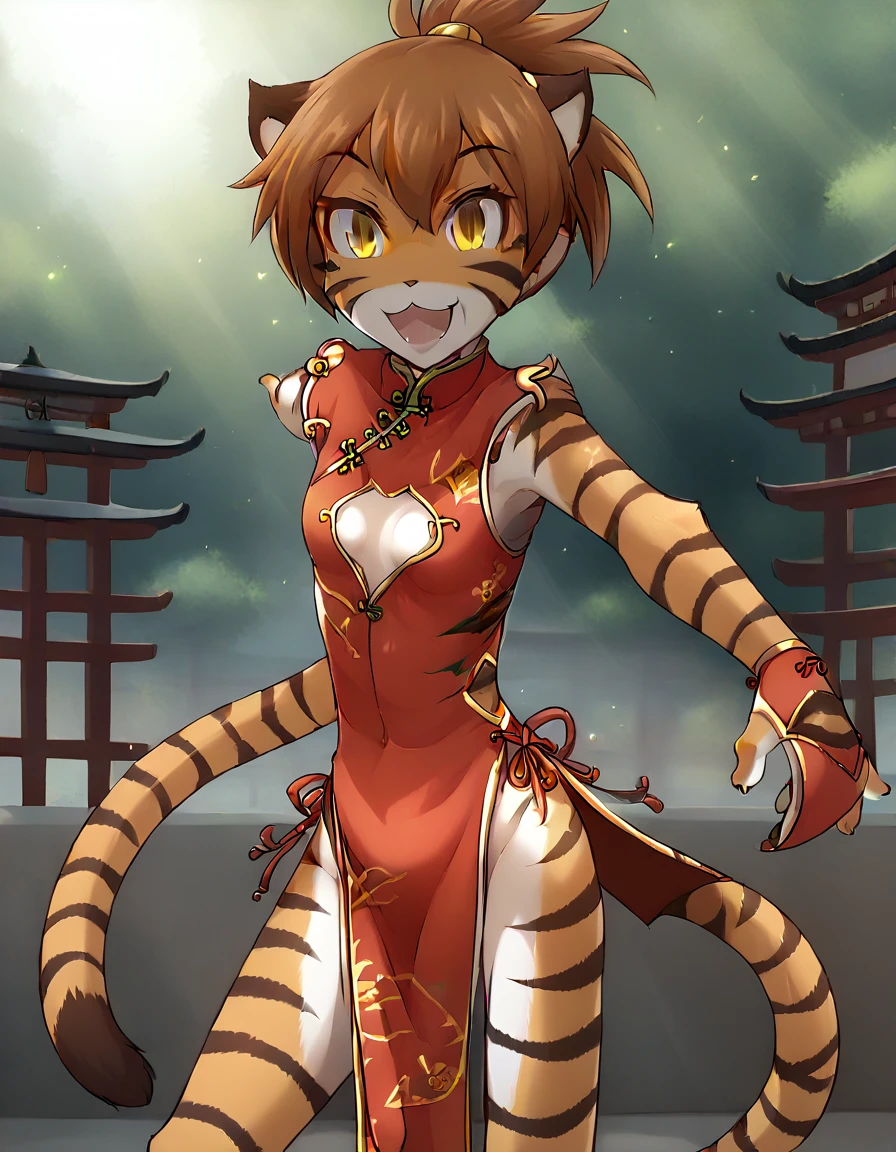 score_9, score_8_up, score_7_up, score_6_up, score_5_up, score_4_up, rating_explicit, source_furry, female, cute anthro female, cute face, detailed background, looking at viewer, solo, solo focus, (no nipples, no vagina:1.2), (digital pen line-art, soft lines, soft shading, pinup, cartoon, anime:1.4), tkflora,tiger, striped fur, tiger tail, open smile, (short red Qipao:1.4), tiger tail, looking at viewer, legs, outside, martial artist, happy, legs, tied hair, (short pelvic curtain, clothing cutout, small breasts:1.4), yellow eyes, ponytail