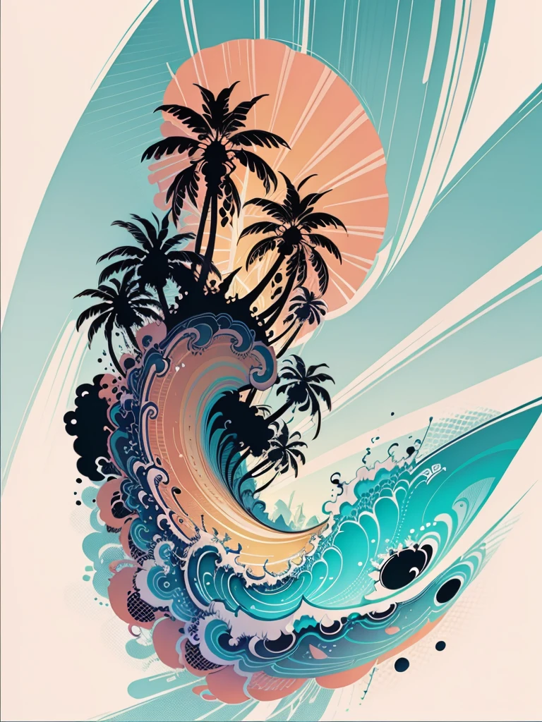 2d vector illustration, tshirt design for summers, palm trees, (surf: 1.1), (combi), sunrays, (best quality, masterpiece: 1.3), minimalist, (8 colors)