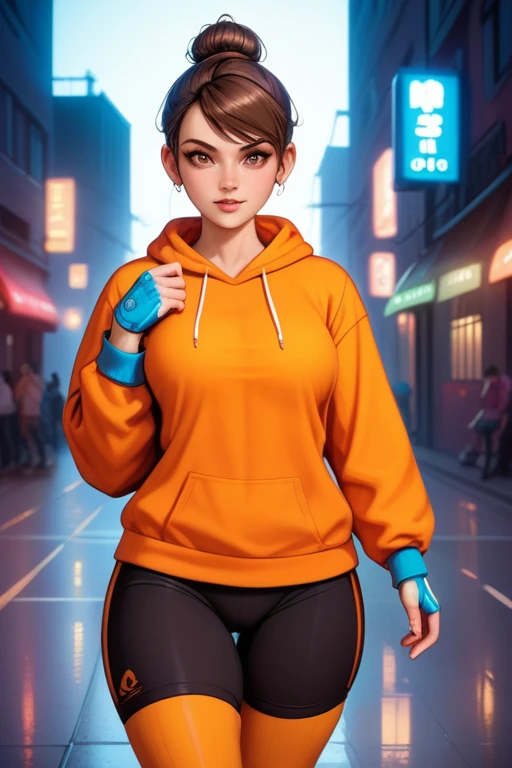24-year-old Caucasian (Russo-Italian) female fitness instructor; tomboy; athletic build; athlete; short dark brown hair tied in a small bun; hazel eyes; subtle cybernetic enhancements; fair skin; orange hoodie; wears high-tech workout attire including sports bras, compression shorts, and tank tops; walking down a neon-lit street at night; poses confidently, exuding a rebellious and tomboyish attitude; background includes vibrant neon lights and a gritty urban atmosphere; large breasts; Disney-style, CGI; best quality; high definition; trending on artstation; complex volumetric lighting; shadows;