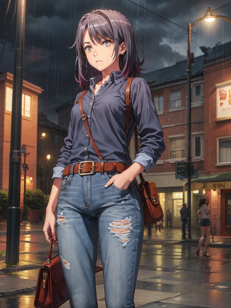 Girl, Jersey, blue jeans pants, street background, night, rain, slim body, Pistol in a holster on the belt 