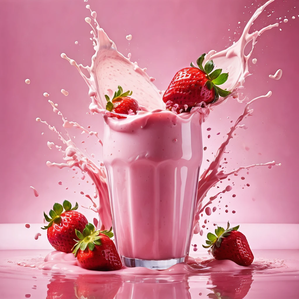 Liquid splashing,Falling Fruit,The photo of the strawberry milk mix expresses visual beauty and appeal.. Bright colors,Mixed with strawberry and milk elements. The drink&#39;s core is a mixture of light pink strawberry juice and fresh strawberry pulp.,Surrounded by white milk foam 