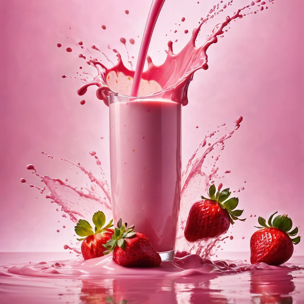 Liquid splashing,Falling Fruit,The photo of the strawberry milk mix expresses visual beauty and appeal.. Bright colors,Mixed with strawberry and milk elements. The drink's core is a mixture of light pink strawberry juice and fresh strawberry pulp.,Surrounded by white milk foam