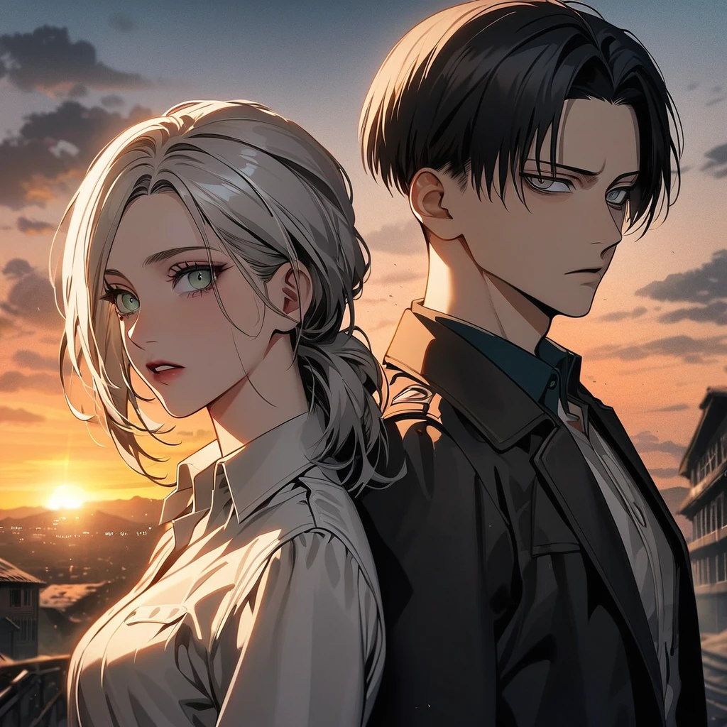 Ultra detailed, Highres, absurdres, HDR, Levi Ackerman, black hair, grey eyes, Shingeki No Kyojin, extremely handsome, 1 man with 1 woman, she have white hair and green eyes, the woman is part of the squad, the sunset, full-body portraits, dark ambiance 