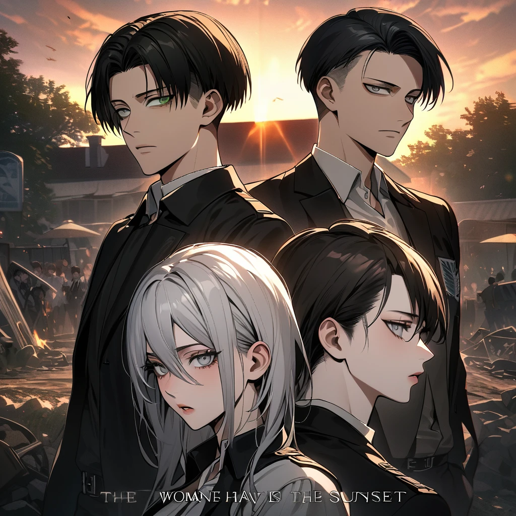 Ultra detailed, Highres, absurdres, HDR, Levi Ackerman, black hair, grey eyes, Shingeki No Kyojin, extremely handsome, 1 man with 1 woman, she have white hair and green eyes, the woman is part of the squad, the sunset, full-body portraits, dark ambiance