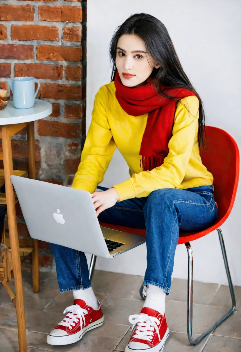 Create a beautiful 30 years old girl , wearing yellow shirt, Blue jeans, Red Scarf, white and red sneakers, sitting on a chair, using laptop