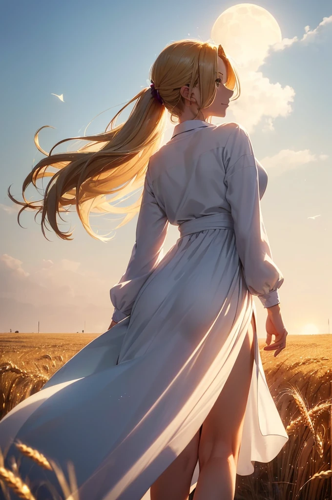 A beautiful woman, (((1 girl, solo, running, (wheat field), turning around, golden eyes, long pure white dress, middle ages, medieval outfit, long sleeves sunset, light from behind, shadow on the figure, smile, laughter, (blue sky), against the background of wheat, standing in the distance, looking at the viewer, full-length
, elegance under the sun, hair ornament, movement motion, image look alive))), ((perfect body figure, beautiful face, beautiful face, milf, age 46, royal, blazing blond color hair, ponytail hair style, beautiful skin, Extremely details hair, fine details)), (((cinematic lighting, beautiful lighting effect, creative design, full body frame, divine aura, hard harmony , shining light, perfect color transition, perfect balance of contrast, perfect color layer, perfectly smooth color blur, soft rendering, smooth color stroke, moon glare, optic lens, moonlight ray, soft colors, smooth colors blend, perfect color rendering, harmony, perfect color harmony, beautiful color, soft harmony, light particles, perfect details, intricate details, color prism, fine details, refine details, intricate clothes details, fine clothes, smooth fabric clothes texture))), Tachibana Omina art style, affectionate eyes, half a smile, slightly open mouth, a gentle expression on his face, serene scenery of grassland under the sun, grass floating around, calm, breeze and sunlight in the background, butterflies in the sky, realism, ((Best quality))),8k,((Masterpiece)),(Extremely refined and beautiful)