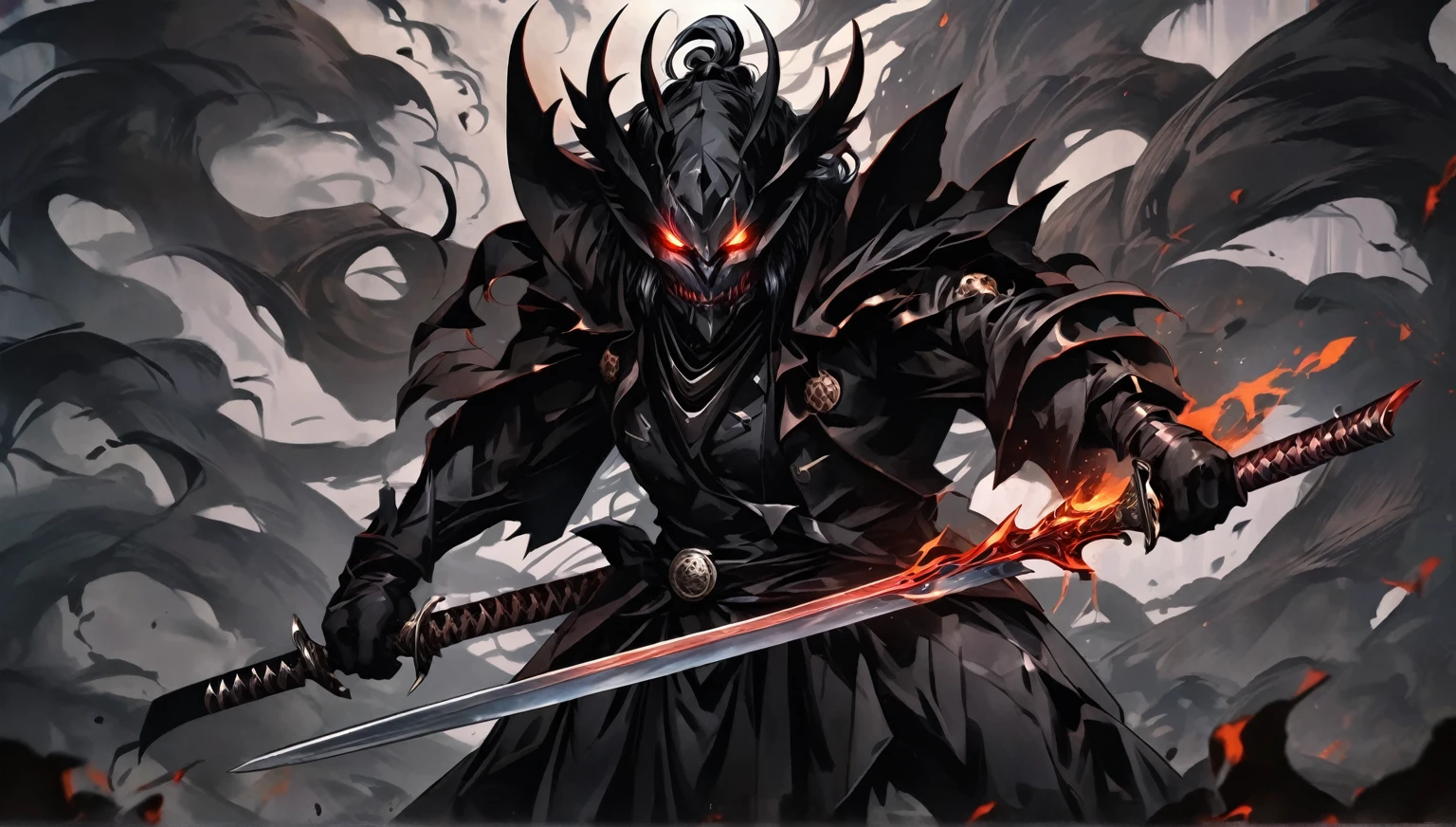 demon mask, sword on the back,close up, black heavy detailed clothes, hand katana, art, dark and malevolent, hand sword, armor, powerful and intimidating, (masterpiece, best quality, ultra-detailed, best shadow), (detailed background, dark fantasy) dramatic light, intricate details, dark and malevolent, powerful and intimidating, Dark and foreboding, malevolent force, sinister and chilling, armor, high detailed background, girl in demon slayer art, demon slayer art style, epic anime art, God death