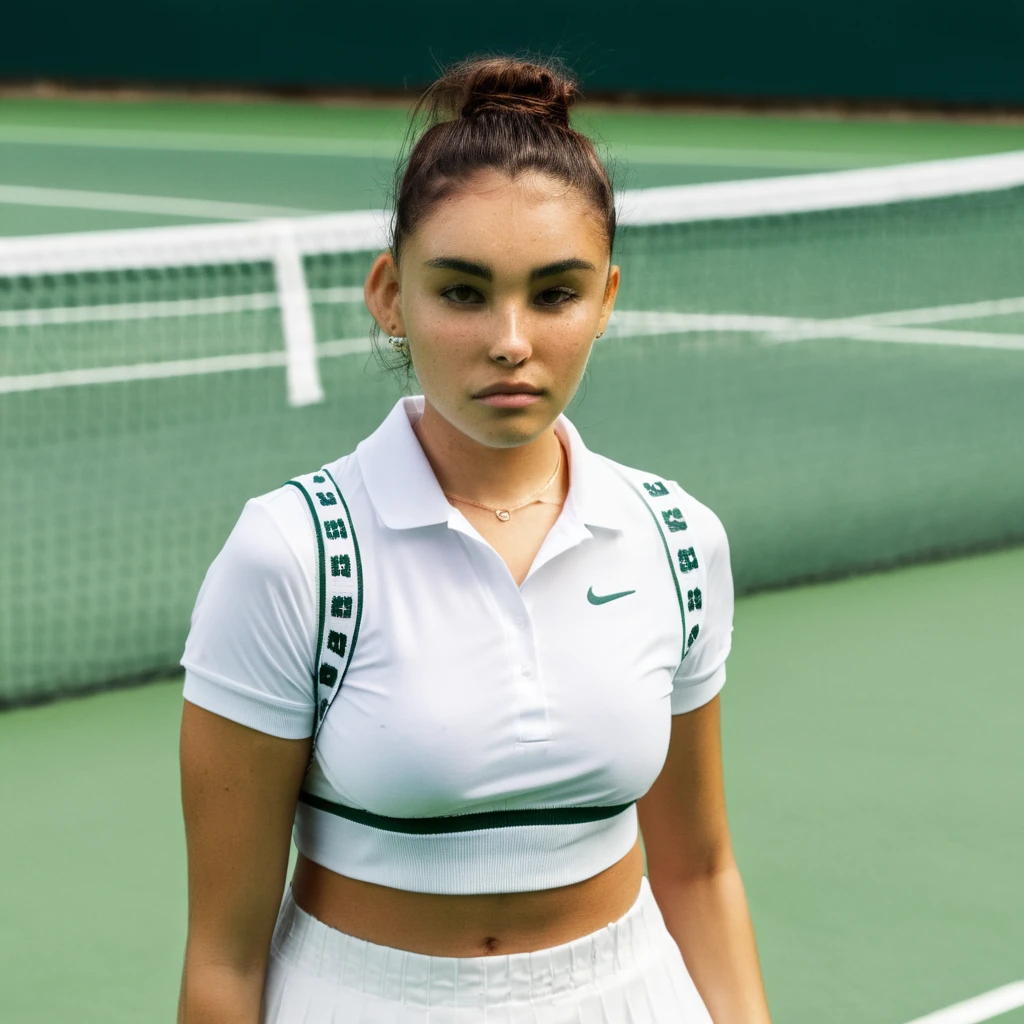 photo of (el10lsen-130:0.99), closeup portrait, perfect short hair, (modern photo, Chartreuse sexy graphic tee), 24mm, (analog, cinematic, film grain:1.3), ((plain Tennis Court Green background, gradient:1.1)), detailed eyes, (seductive pose), (epicPhoto), upper body, (looking at viewer)