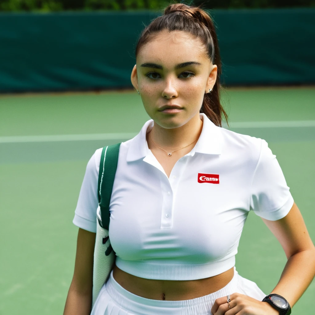 mabeer, (Skin texture, pores, blemishes), Super high res portrait photo of an actress in tennis clothes, white shirt, white skirt, Canon, 85mm,cinematic, high quality, skin texture, looking at the camera, skin imperfections,