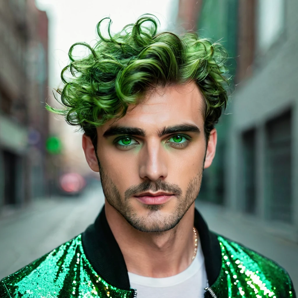 arafed man, 30s, stubble, short wavy hair, ((green eyeshadow)), subtle makeup, glitter, masculine, male, editorial, photoshoot, realistic, ultrahd