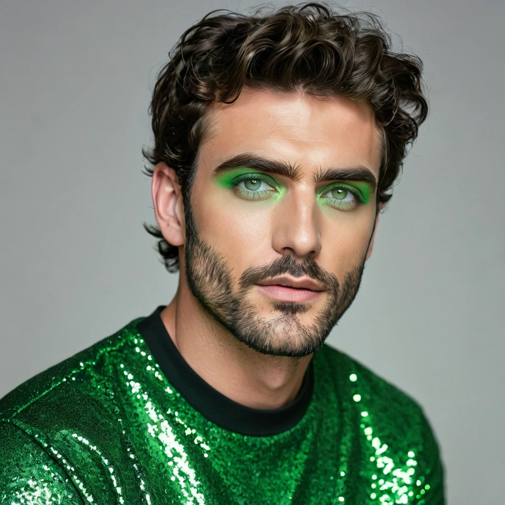 arafed man, 30s, stubble, short wavy hair, ((green eyeshadow)), subtle makeup, glitter, masculine, male, editorial, photoshoot, realistic, ultrahd