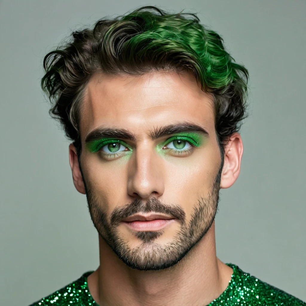 arafed man, 30s, stubble, short wavy hair, ((green eyeshadow)), subtle makeup, glitter, masculine, male, editorial, photoshoot, realistic, ultrahd