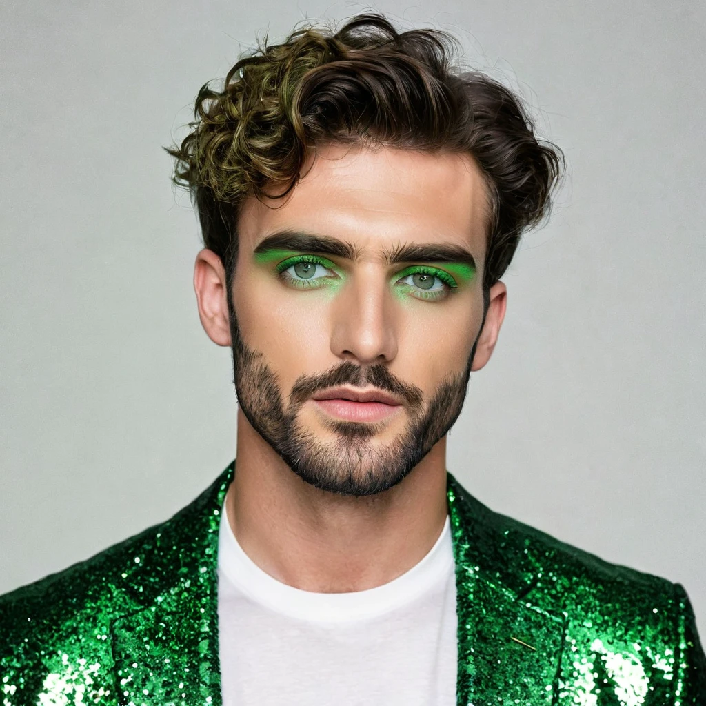 arafed man, 30s, stubble, short wavy hair, ((green eyeshadow)), subtle makeup, glitter, masculine, male, editorial, photoshoot, realistic, ultrahd