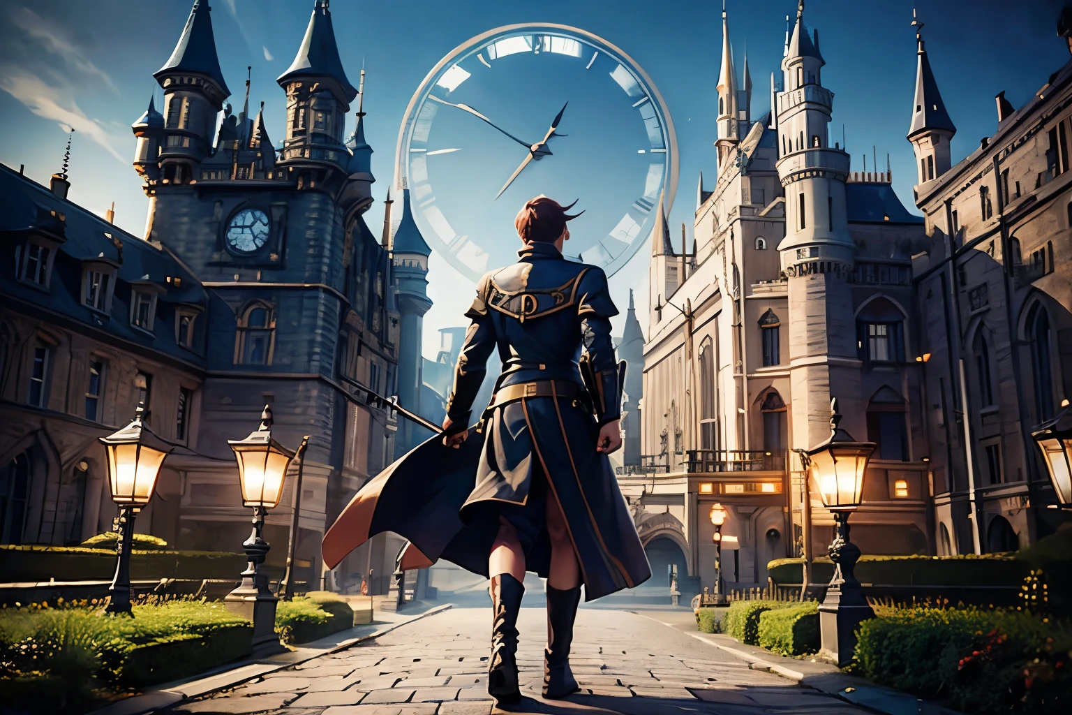 The hero stood in front of the castle clock and looked at the clock