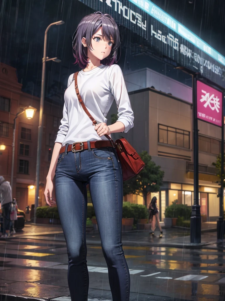 Girl, Jersey, tight blue jeans pants, street background, night, rain, slim body, Pistol in a holster on the belt 