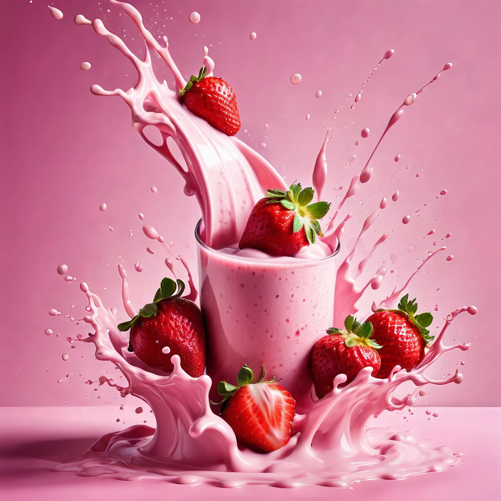 Liquid splashing,Falling Fruit,The photo of the strawberry milk mix expresses visual beauty and appeal.. Bright colors,Mixed with strawberry and milk elements. The drink&#39;s core is a mixture of light pink strawberry juice and fresh strawberry pulp.,Surrounded by white milk foam 