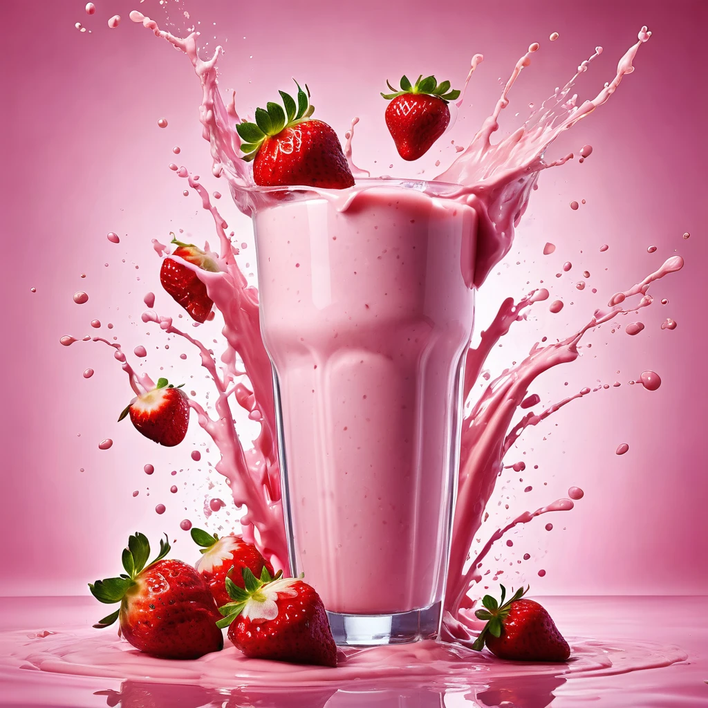 Liquid splashing,Falling Fruit,The photo of the strawberry milk mix expresses visual beauty and appeal.. Bright colors,Mixed with strawberry and milk elements. The drink&#39;s core is a mixture of light pink strawberry juice and fresh strawberry pulp.,Surrounded by white milk foam 